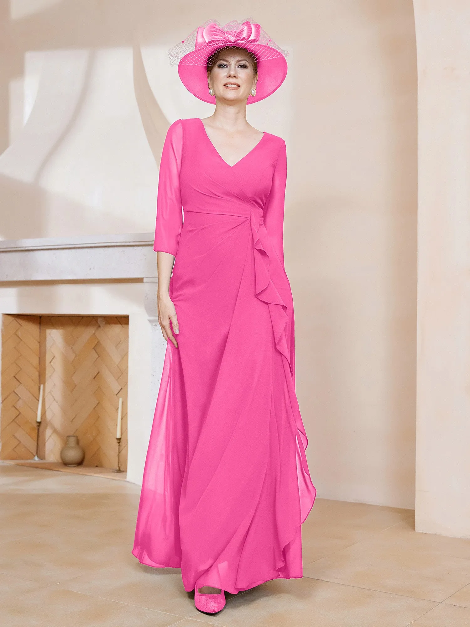 3/4 rmel V-Ausschnitt A-Linie Plissee Kleid Azalee
