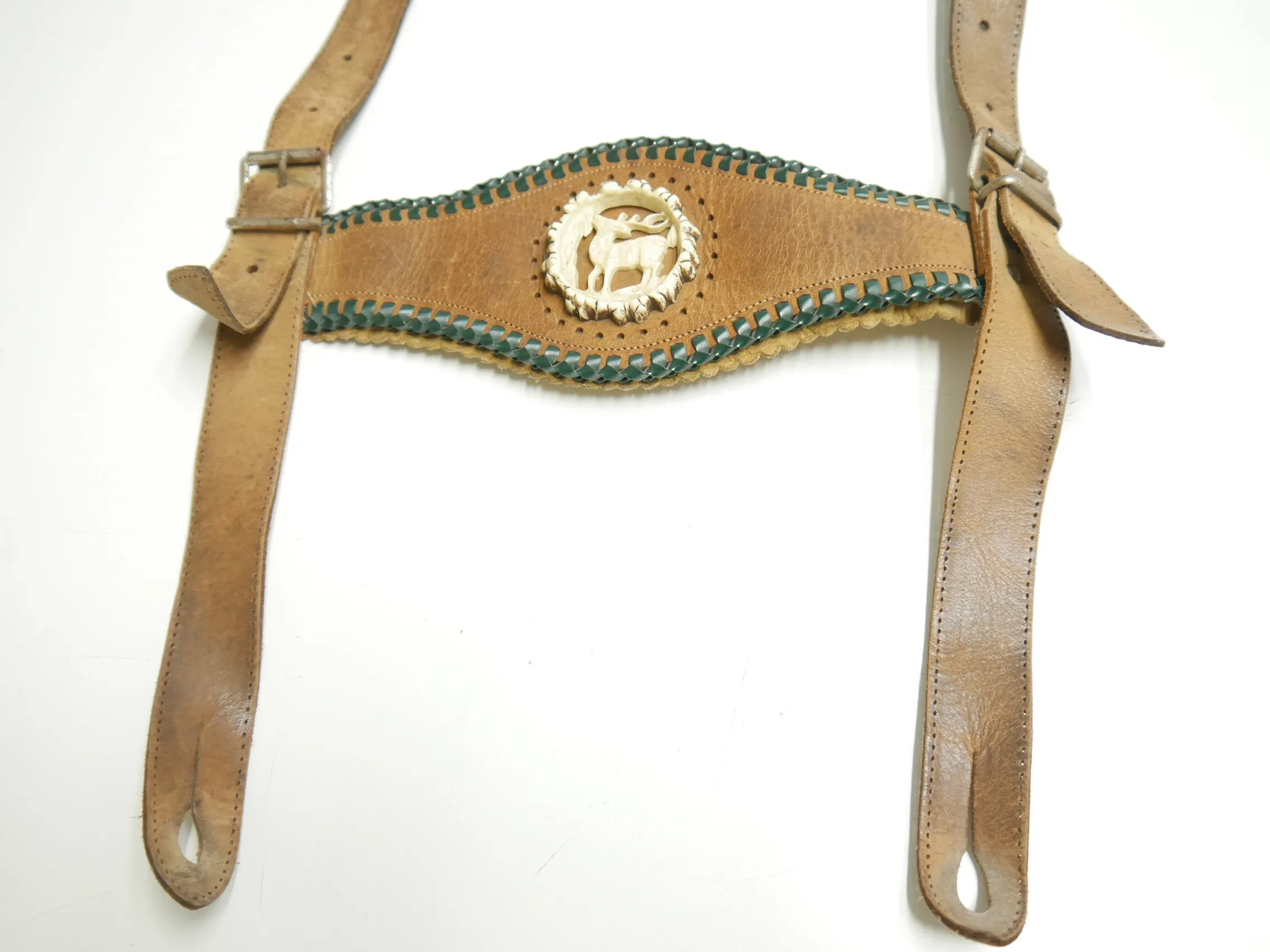 60/70er Vintage Lederhose Hosenträger braun Hirsch Emblem Geldtasche L: 93 cm