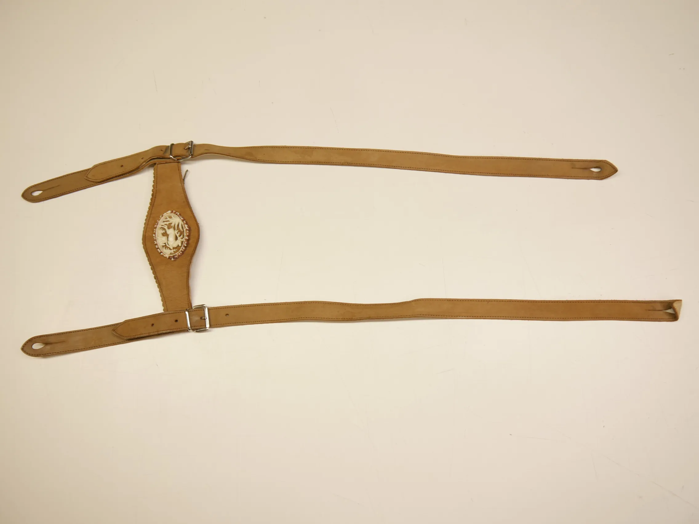 70/80er Vintage Lederhose Hosenträger braun Hirsch Emblem Geldtasche L: 92 cm