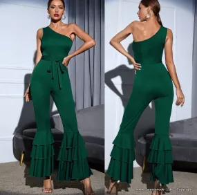 Bodycon One Shoulder Jumpsuit Einteiler Elegant und Festlich in Dunkelgrün