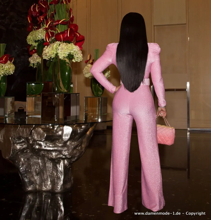 Glitzer Jumpsuit Einteiler mit Puffärmel in Rosa Elegant