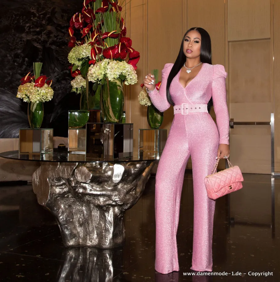 Glitzer Jumpsuit Einteiler mit Puffärmel in Rosa Elegant