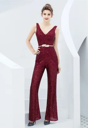 Glitzernder Pailletten-Jumpsuit mit V-Ausschnitt in Burgund