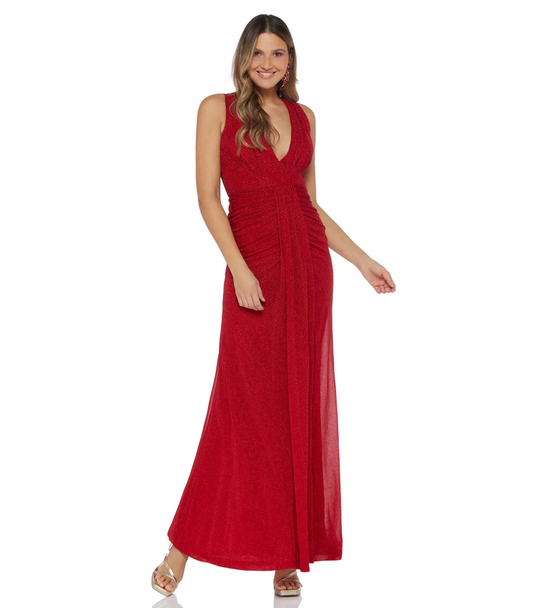 Kleid mit tiefem V-Ausschnitt und Drappé in Rot