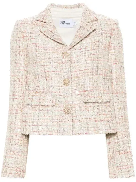   Self Portrait  Sequin-Embellished Tweed Jacket Neutrals