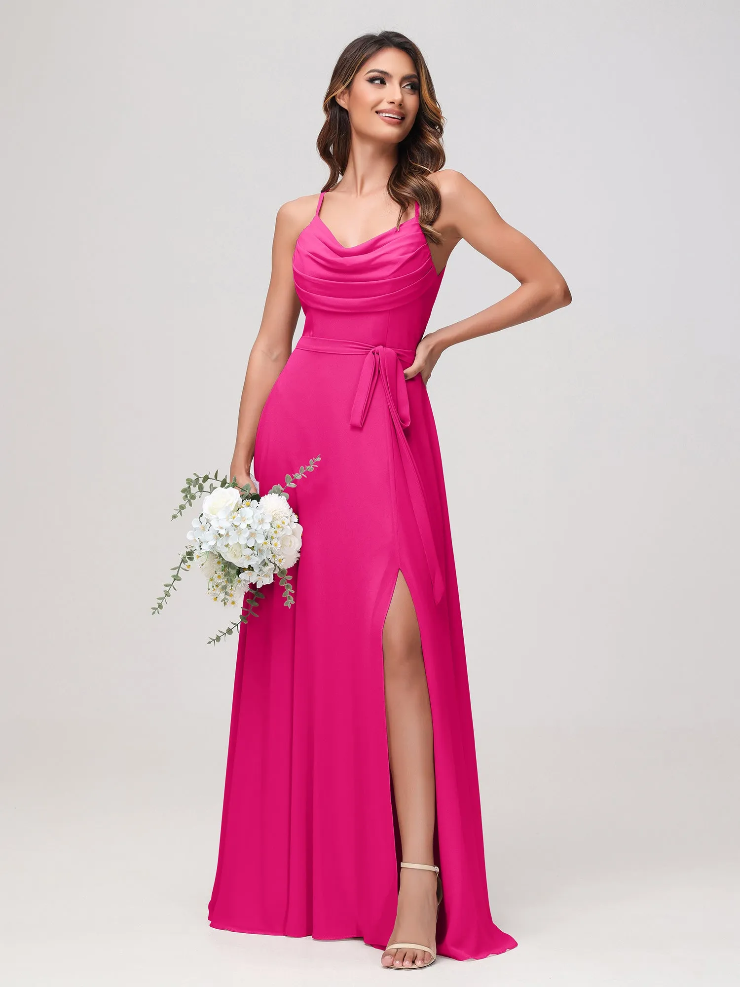Sexy Rundhalsausschnitt Rüschen Chiffon Lang Kleid mit Schlitz Fuchsia