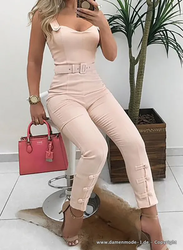 Sommer Overall Bodycon Jumpsuit Einteiler Lang in Beige Elfenbein